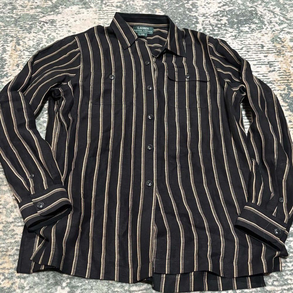 Lauren Ralph Laure Silk Blend Button Up Women's Shirt Petite Small Black Gold